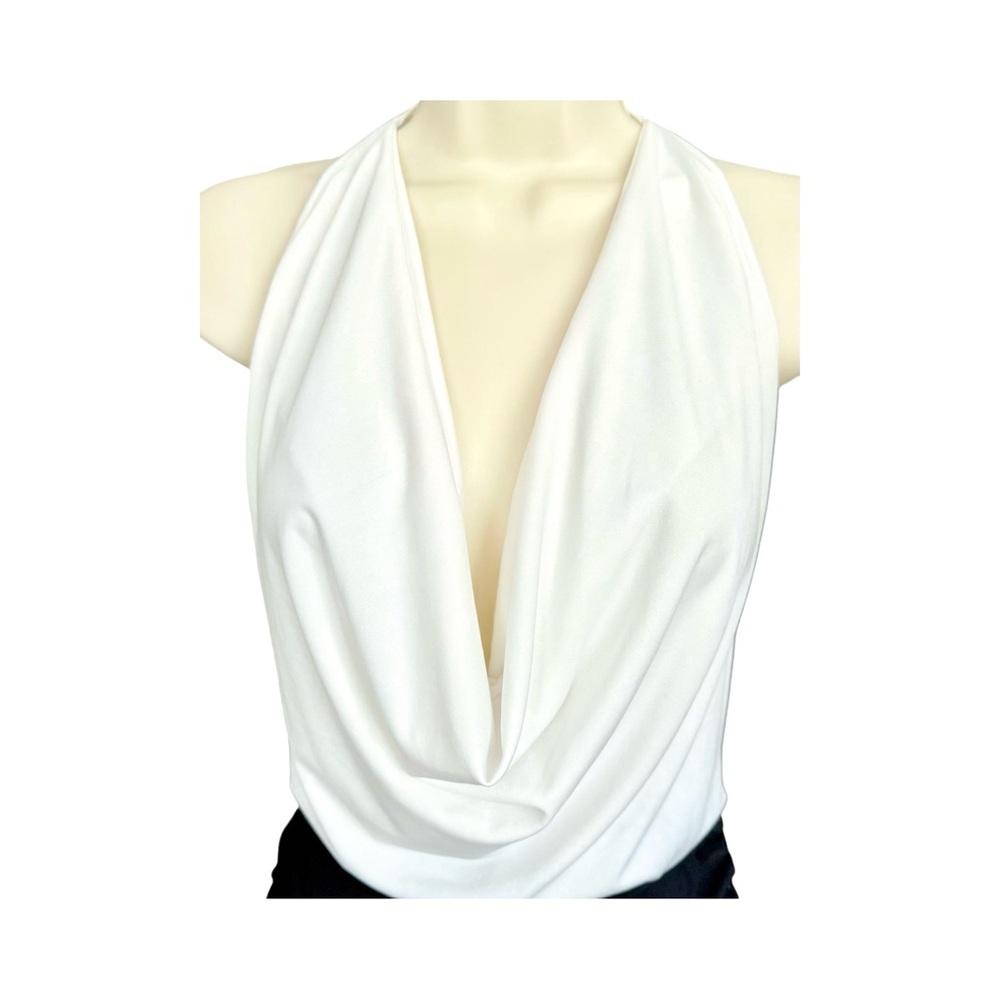Roma Two Tone Low Cowl Neck Ruched Halter Mini Dress, Black and White, Size S/M - Picture 7 of 12